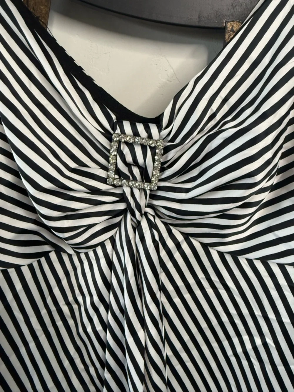 Setre Black and White Striped Twist-Front Midi Dress with rhinestone detail - Picture 3 of 5